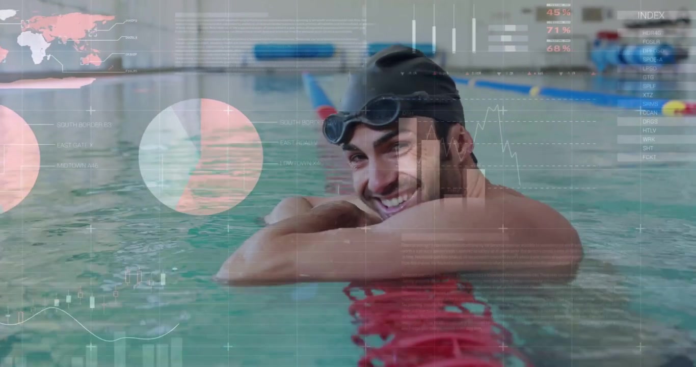 Analytics HUD appearing, male swimmer advancing, gripping lane divider, checking metrics for sports
