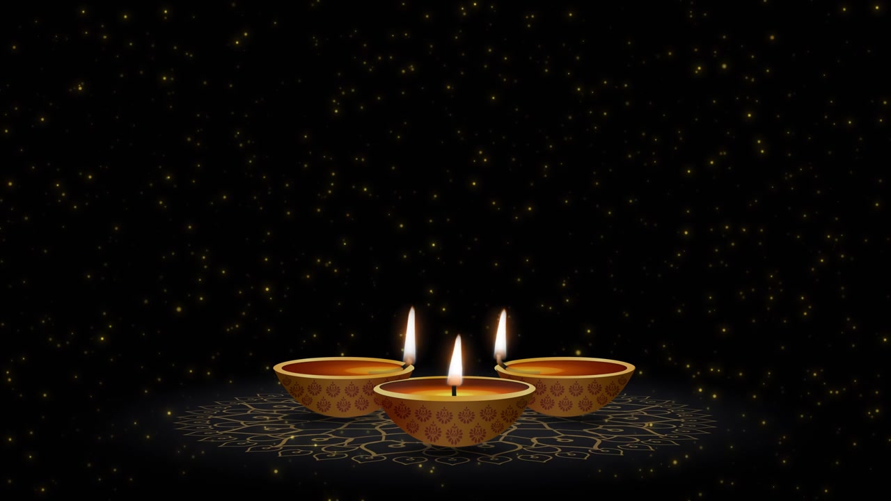 Sfondo del festival Diwali con lampade a olio accese, candele diya, rangoli floreale, biglietto di auguri felice Deepavali.
