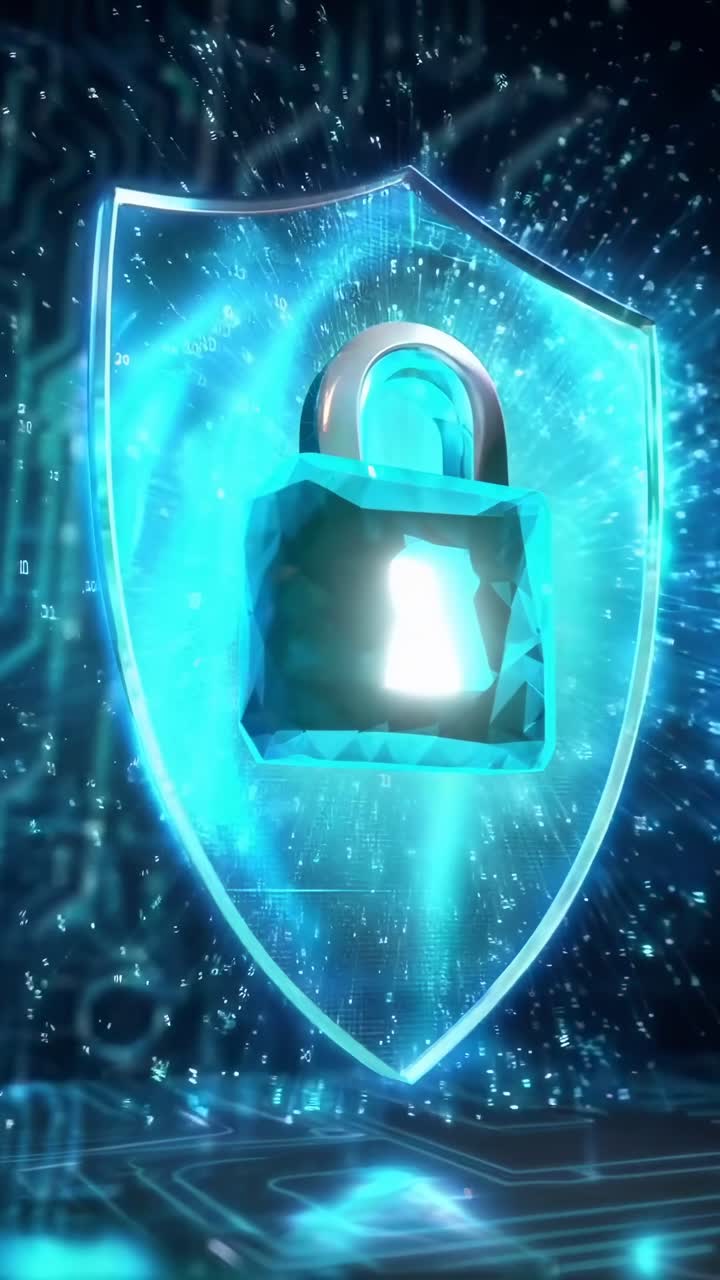 Futuristic cybersecurity video concept with a close-up angle of a glowing lock and shield