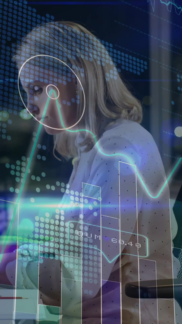 Vertical video: Data ping starting charts sweeping screen while woman typing, focusing on trends