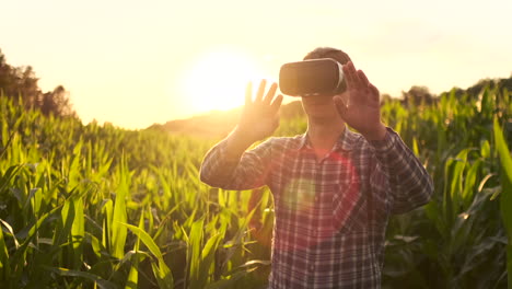 the farmer of the future uses of vr glasses to control corn plantations and quality control of plants and soil analysis for irrigation and fertilizer plants standing in a field at sunset lens flare