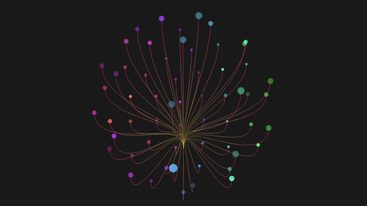 Dynamic abstract footage of a colorful radial data network visualization on a dark background, showing connected nodes and lines representing digital connections, communication and big data concepts