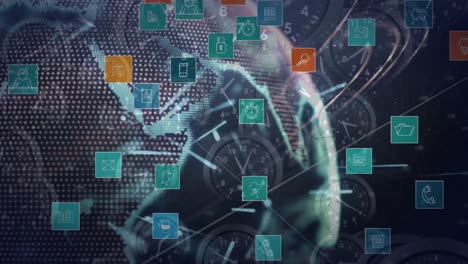 Animation of digital icons and globe over moving clocks