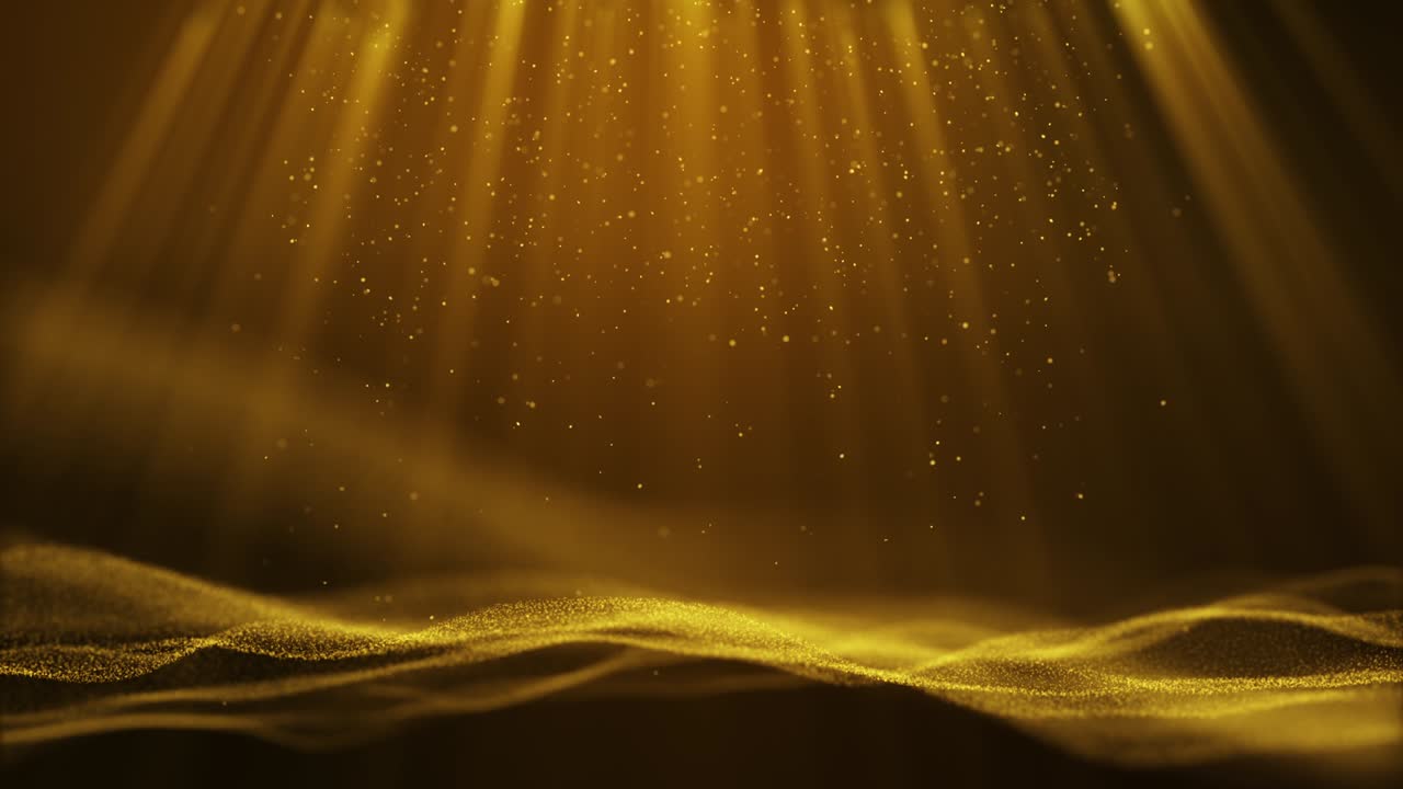 las partículas de oro amarillo oscuro forman un fondo de animación abstracta con partículas de haz de luz que caen y parpadean.