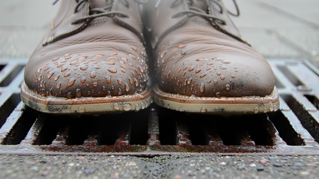 Brown Leather Boots on a Grate Surface, Showcasing Raindrops and Steam Amidst a Gloomy Weather Scene, Capturing the Essence of Urban Life in Rainy Conditions