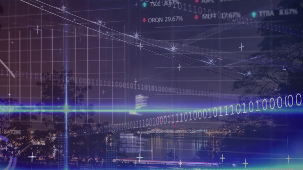 금융 데이터 처리 및 도시 풍경 위의 이진 코딩의 애니메이션