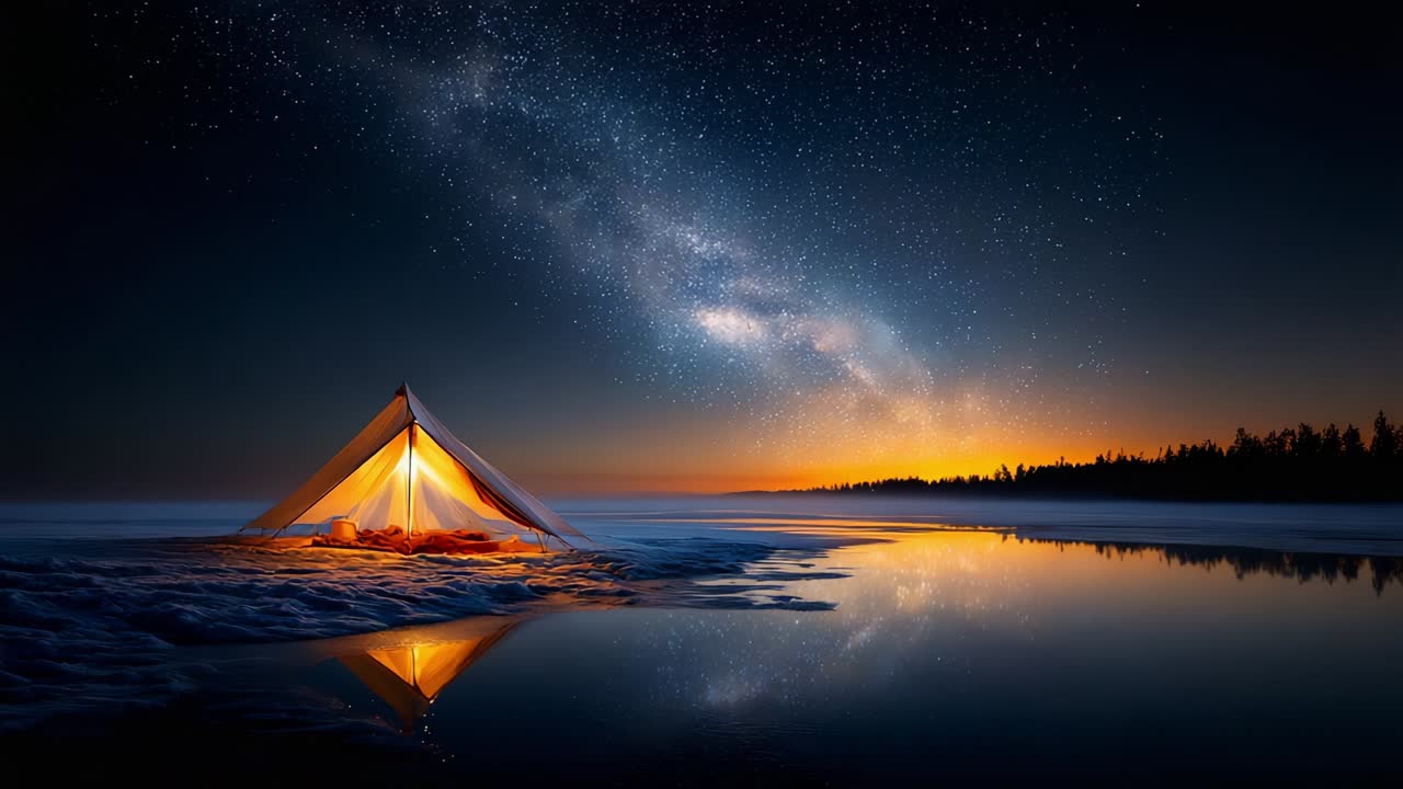 Enchanting Night Sky Over a Cozy Tent by the Tranquil Beach, Illuminated by Warm Light and Reflected in the Calm Waters Beneath a Stunning Display of Stars and the Milky Way Above