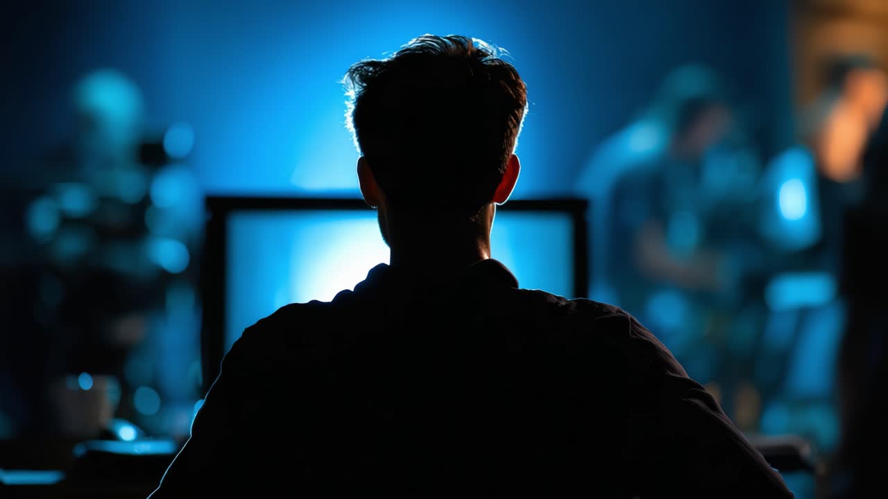 Silhouette di una persona assorta davanti a uno schermo, illuminata da una tenue luce blu, su uno sfondo di figure e luci sfocate, che cattura un momento di concentrazione e creatività