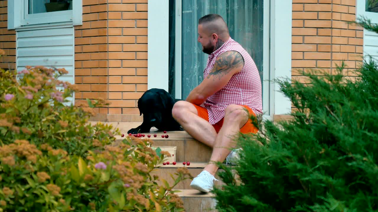 hombre jugando con el perro en el porche de la casa