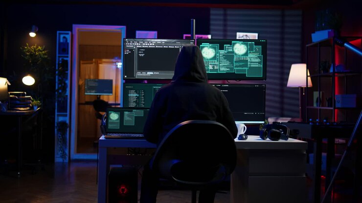 Hacker che arriva in una base segreta con il laptop, pronto per iniziare a programmare virus.