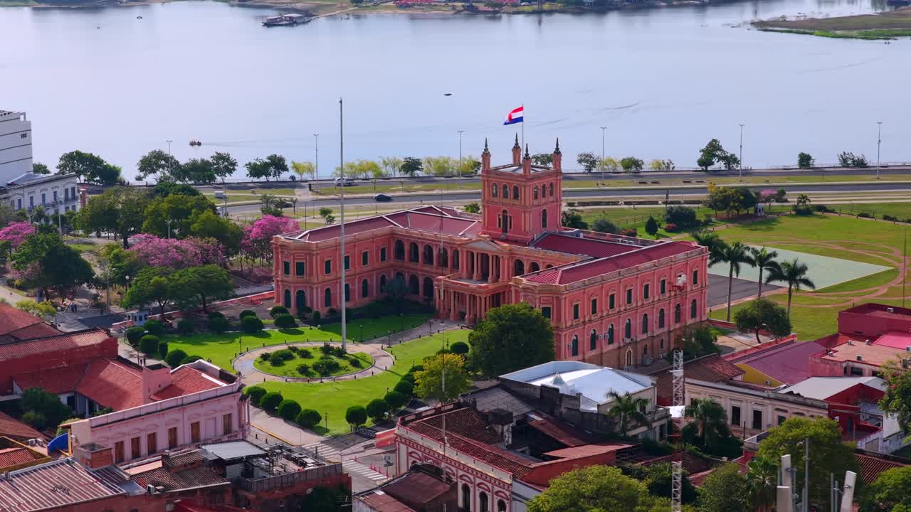 Aerial view of Palacio de López along the Costanera by the Paraguay River, Asunción