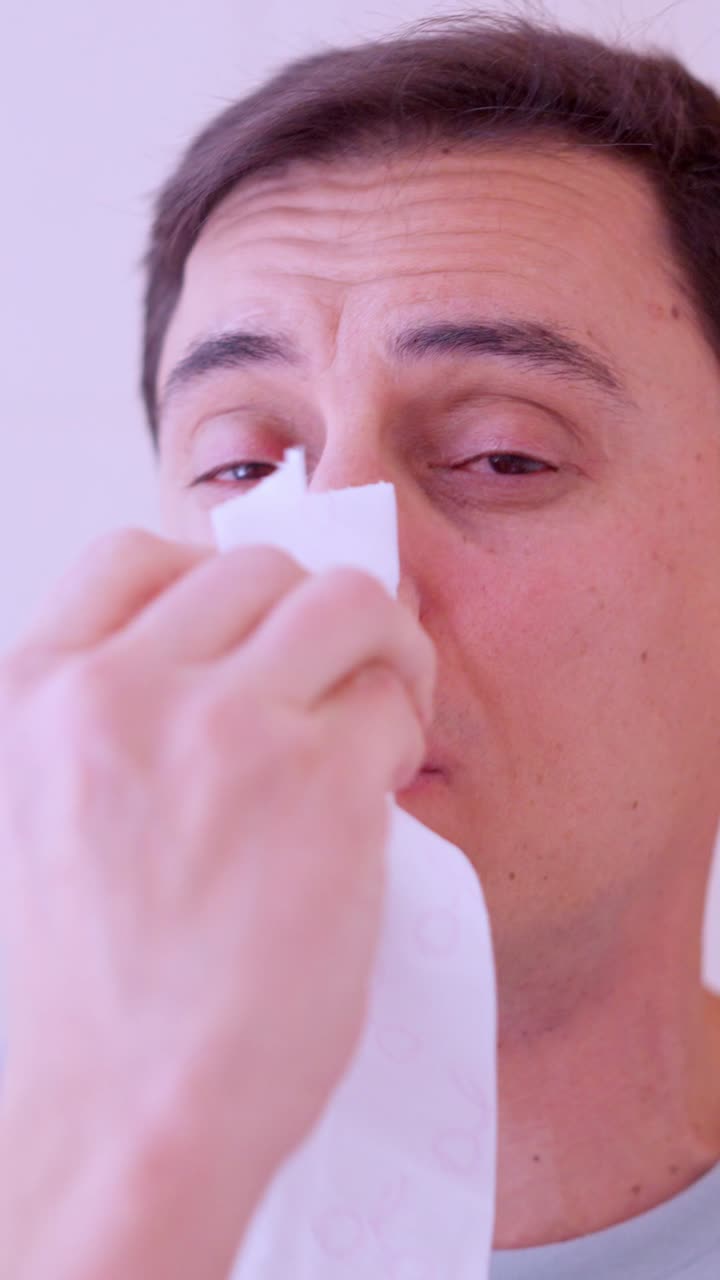 Sick man blowing his nose and suffering from cold