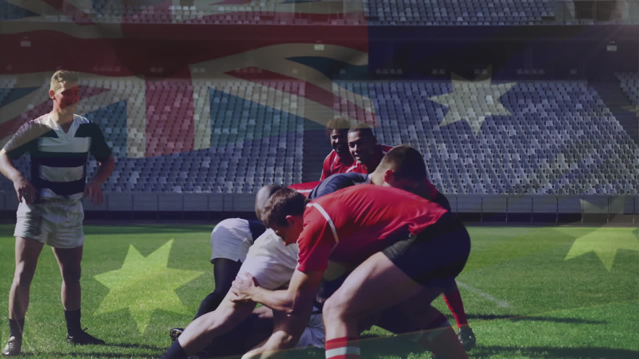 British flag overlay on rugby players in action during animation on field