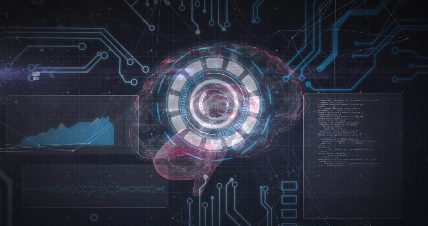 Upon loading translucent brain, initiating data display with rotating HUD ring, populating panels