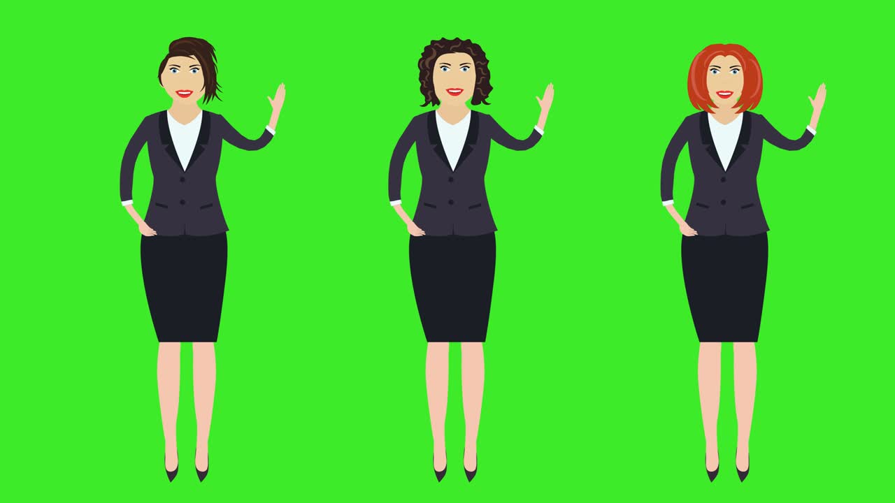 세 개의 비즈니스 여성 세트, 인사, 손으로 환영 제스처, 만화 애니메이션, 녹색 화면 크로마 키