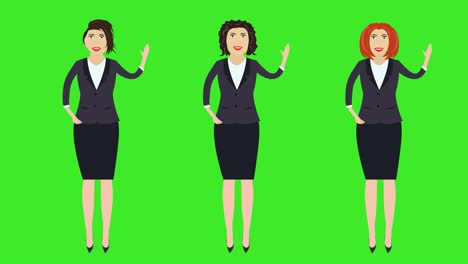 set of 3 business women, hello welcoming gesturing by hand, cartoon animation, green screen chroma key