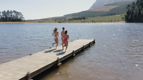 aerial view happy friends jumping off jetty in lake having fun splashing in water enjoying freedom on summer vacation overhead drone