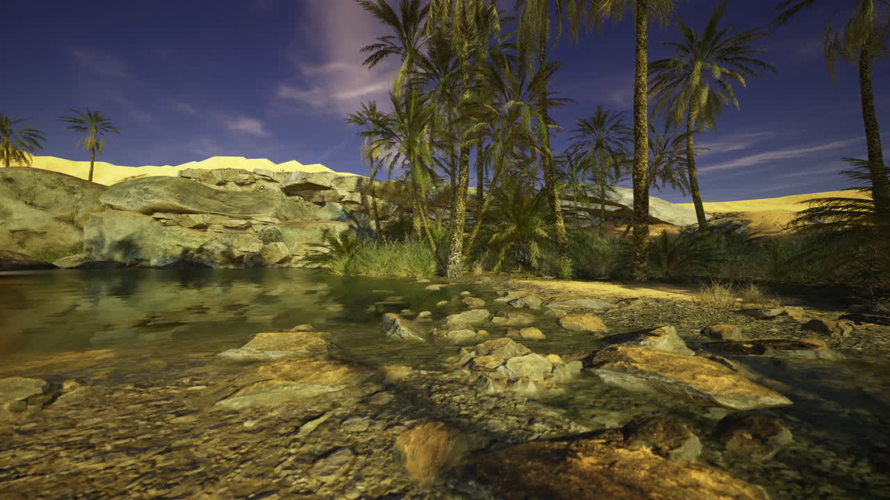 Serene oasis with palm trees and tranquil waters in a desert landscape