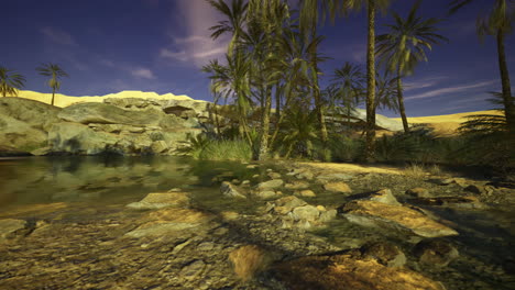 serene oasis with palm trees and tranquil waters in a desert landscape