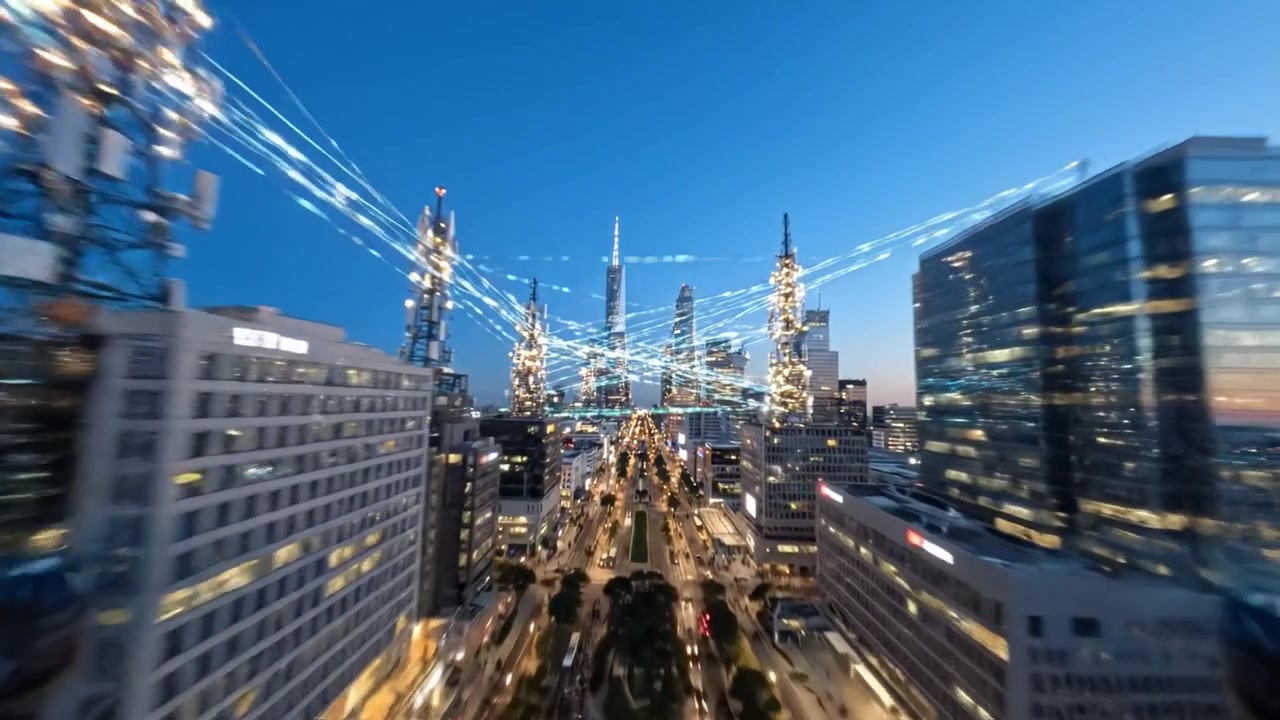 Dynamic Urban Skyline: A Vivid Showcase of City Lights and Modern Architecture at Twilight, Capturing the Transformative Energy of the Night.
