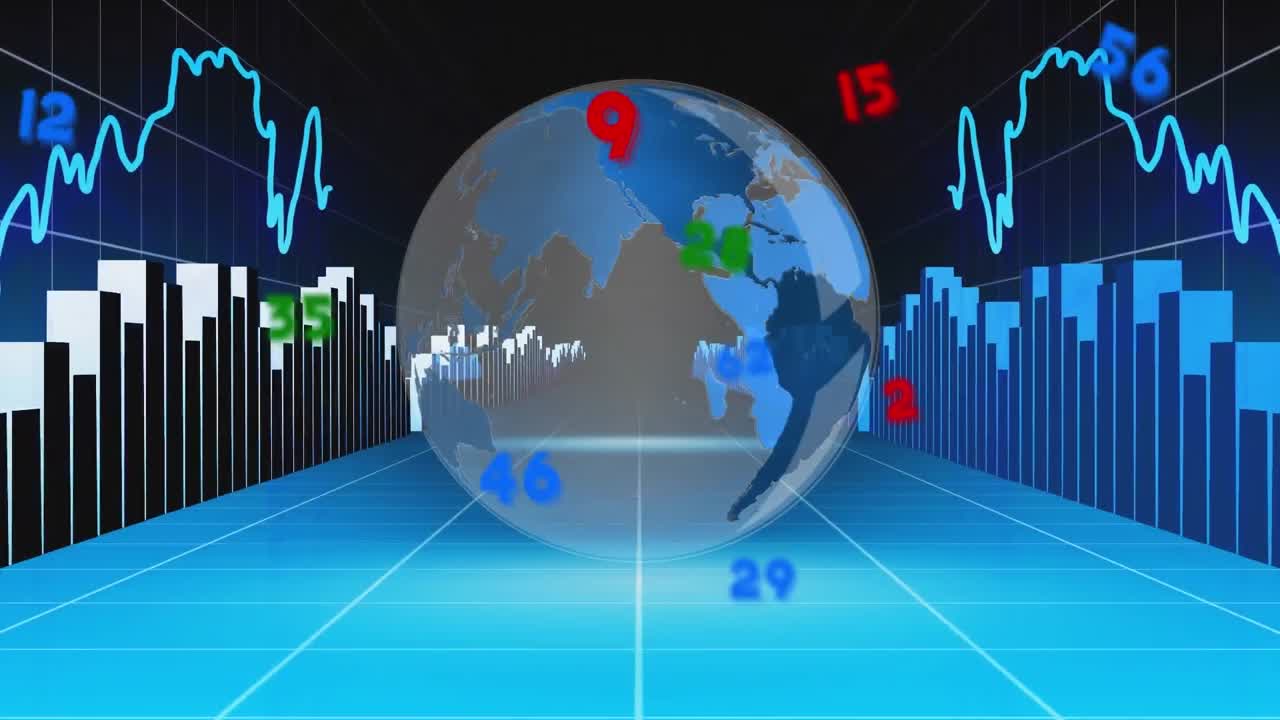 블랙 배경에 숫자와 지구를 가진 금융 데이터 처리의 애니메이션