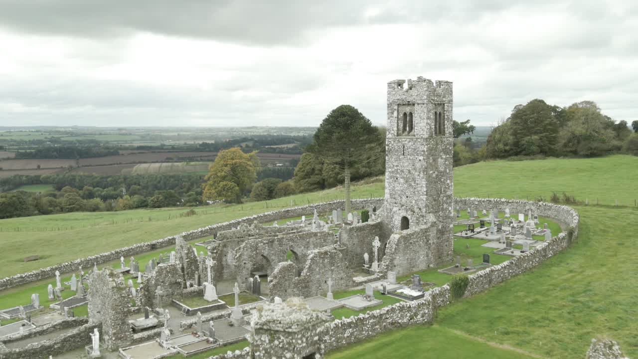Historic ruins of a 1512 Franciscan monastery with a preserved tower on the Hill of Slane in Ireland