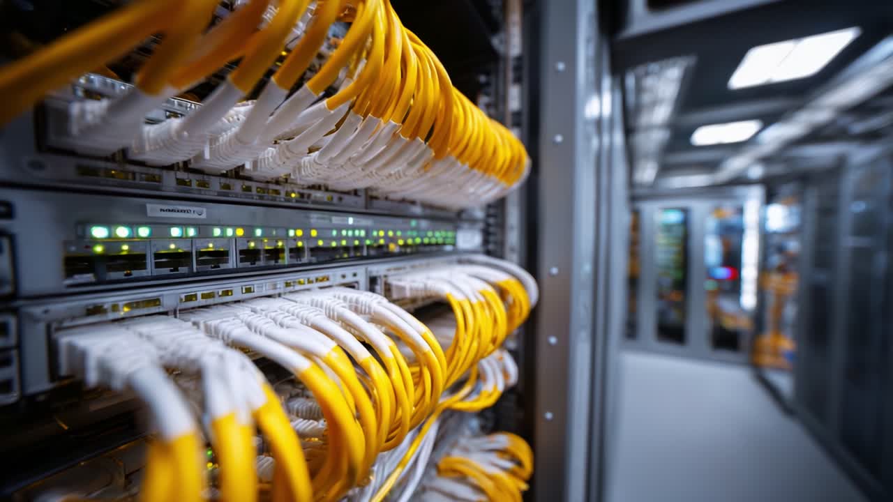 A Close-Up View of Network Cables and Data Infrastructure in a Modern Server Room, Highlighting the Precision of Fiber Optic Connections and Rack Equipment