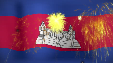animación de fuegos artificiales sobre la bandera de camboya