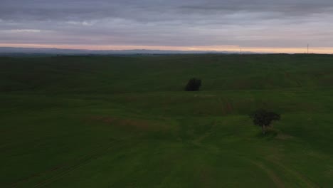 vista aérea de colinas y campos ondulados al amanecer o al anochecer