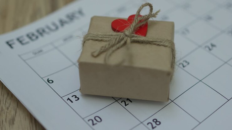 hand putting craft paper gift box red heart calendar February 14 date month day
