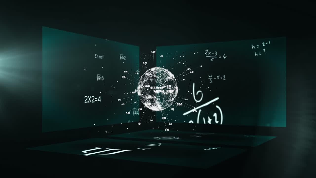 Animation of globe with data processing over mathematical equations on black background