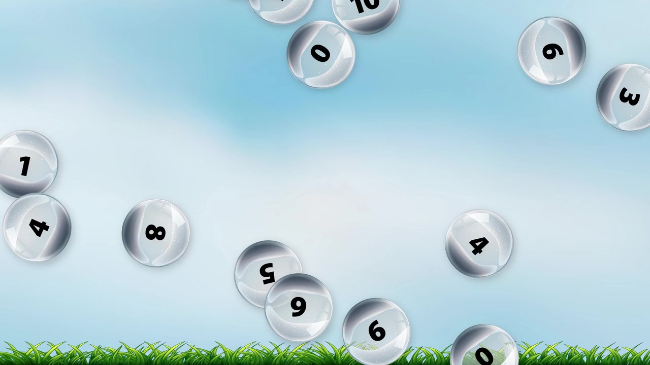Transparent numbered balls fall continuously against a bright sky background with green grass below.