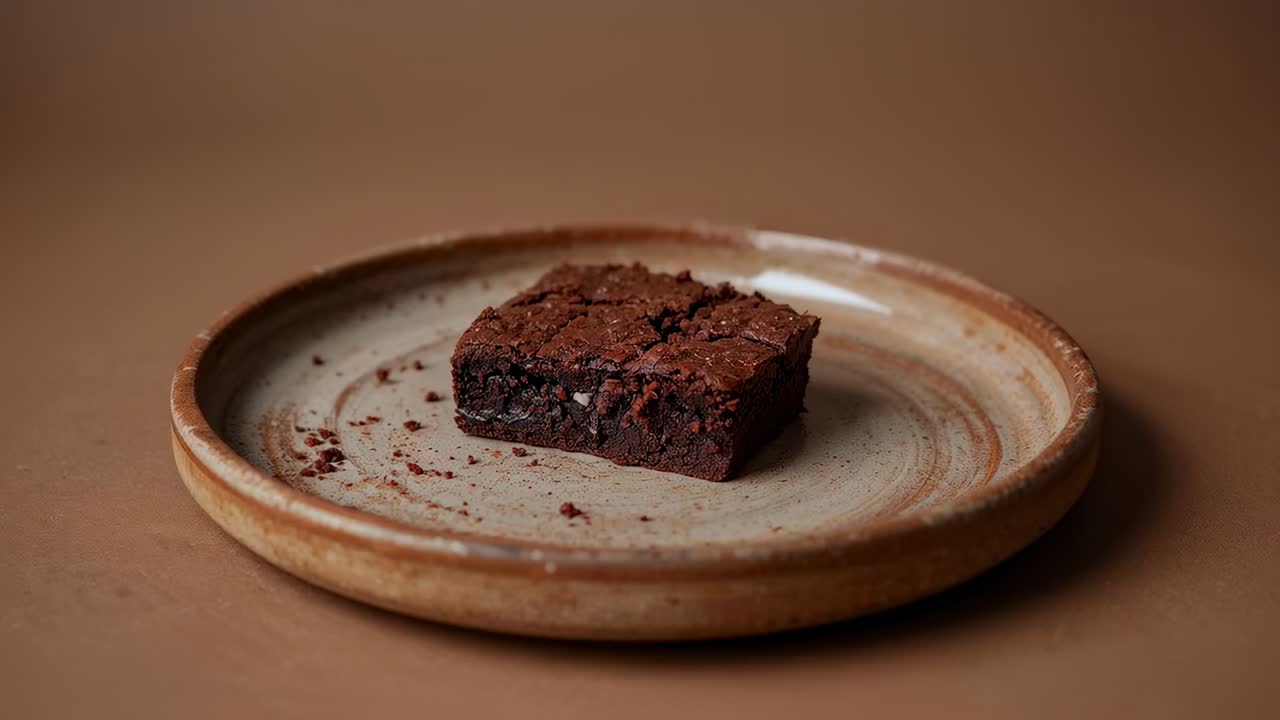 Strammere ramming av kamera som avslører firkantet sjokoladebrownie på tallerken, for å fremheve smulet tekstur