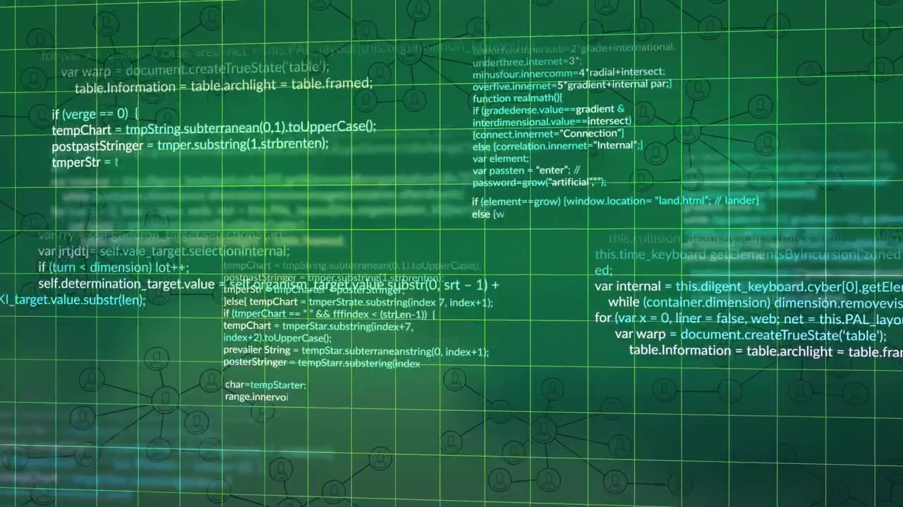 Scan line sweeping grid initiating code clusters emerging, stabilizing for interface visualization