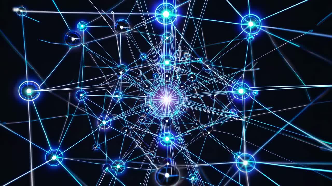 Dynamic network of glowing blue nodes and lines in a digital web pattern