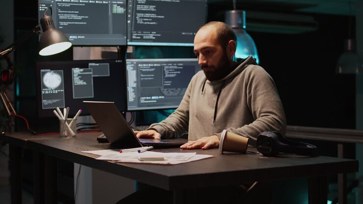 Træt programmør arbejder sent på computeren