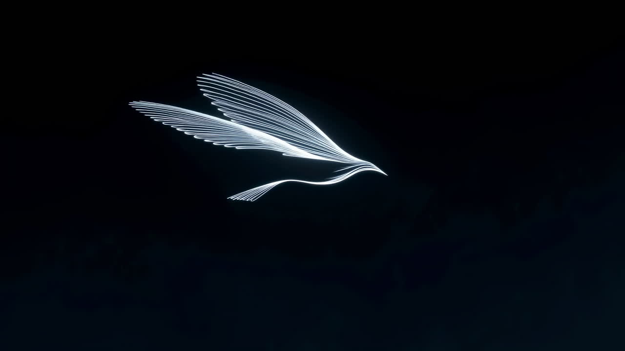 Abstract Glowing Bird Made of Light Lines Flying on Black Background