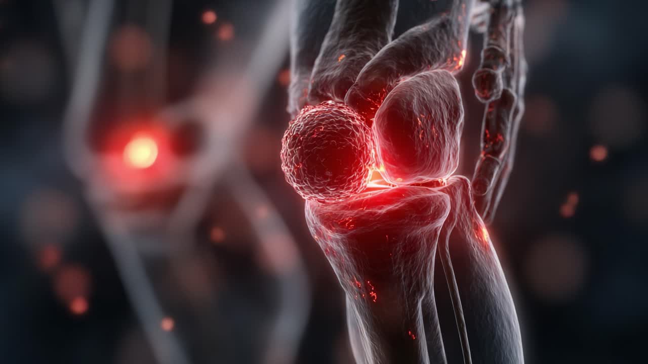 Detaljeret visualisering af ledbetændelse, der fremhæver cellulær aktivitet og strukturelle ændringer i knæet, og indfanger betændelsesprocessen på et mikroskopisk niveau.