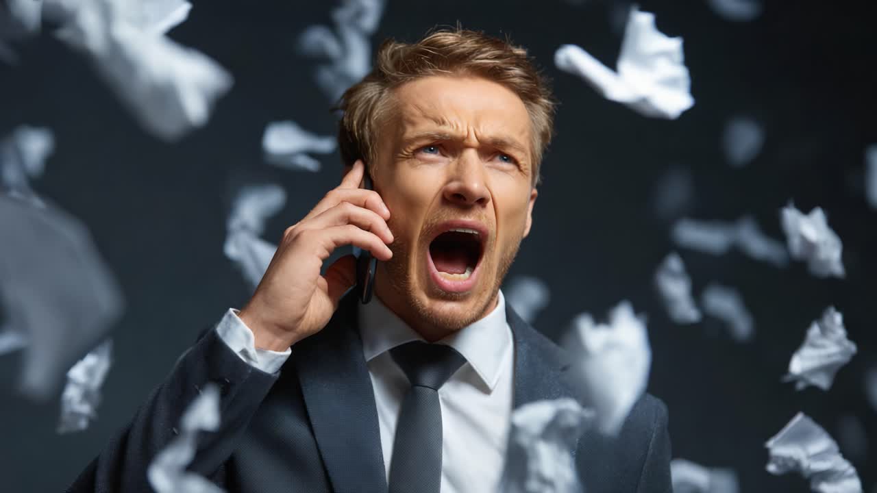 Frustration and Anger: A Businessman Struggles with a Difficult Phone Call Amidst Chaos, Capturing the Emotion of Stress and Disappointment in Modern Work Life