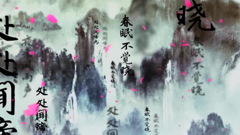 Mysterious-landscape-China's-traditional-Oriental-Digital-Art-animation,-Chinese-retro-painting-ink-misty-mountain-with-flowers,-tree,-birds,-river-in-fog-background