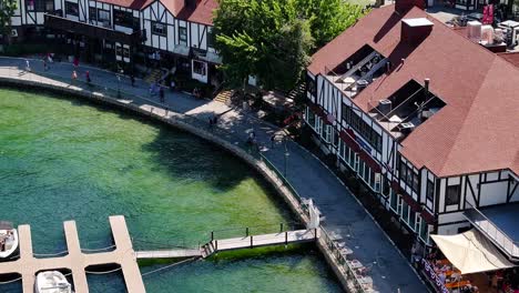 tourists-and-boaters-walking-down-the-lake-Arrowhead-Village-waterfront-on-a-bright-summer-day-with-reflections-off-the-water-AERIAL-TELEPHOTO-STATIC