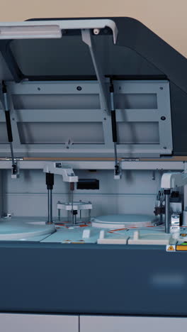 automated machine at work and the computer screen in the laboratory room. analysis blood at hospital laboratory. blood samples in a robotic machine with 3d display. vertical video