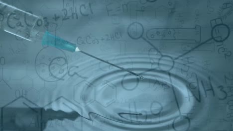Animation-Von-Chemiedaten-Und-Zeichnungen-über-Einer-Spritze-Mit-Tropfender-Flüssigkeit