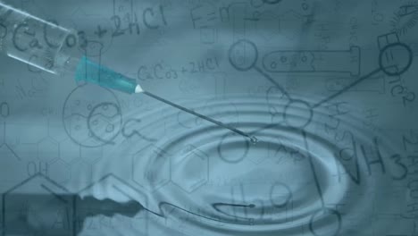 animation of chemistry data and drawings over syringe with liquid dropping