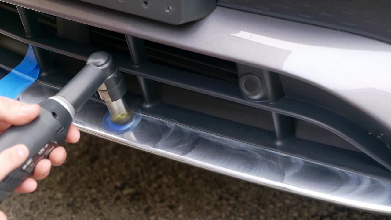 Polishing chrome front bumper trim with nano machine polisher and blue pad