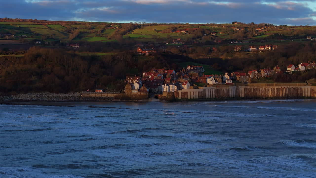Wide Angle Drone Shot of Robin Hood's Bay at Sunrise North Yorkshire UK