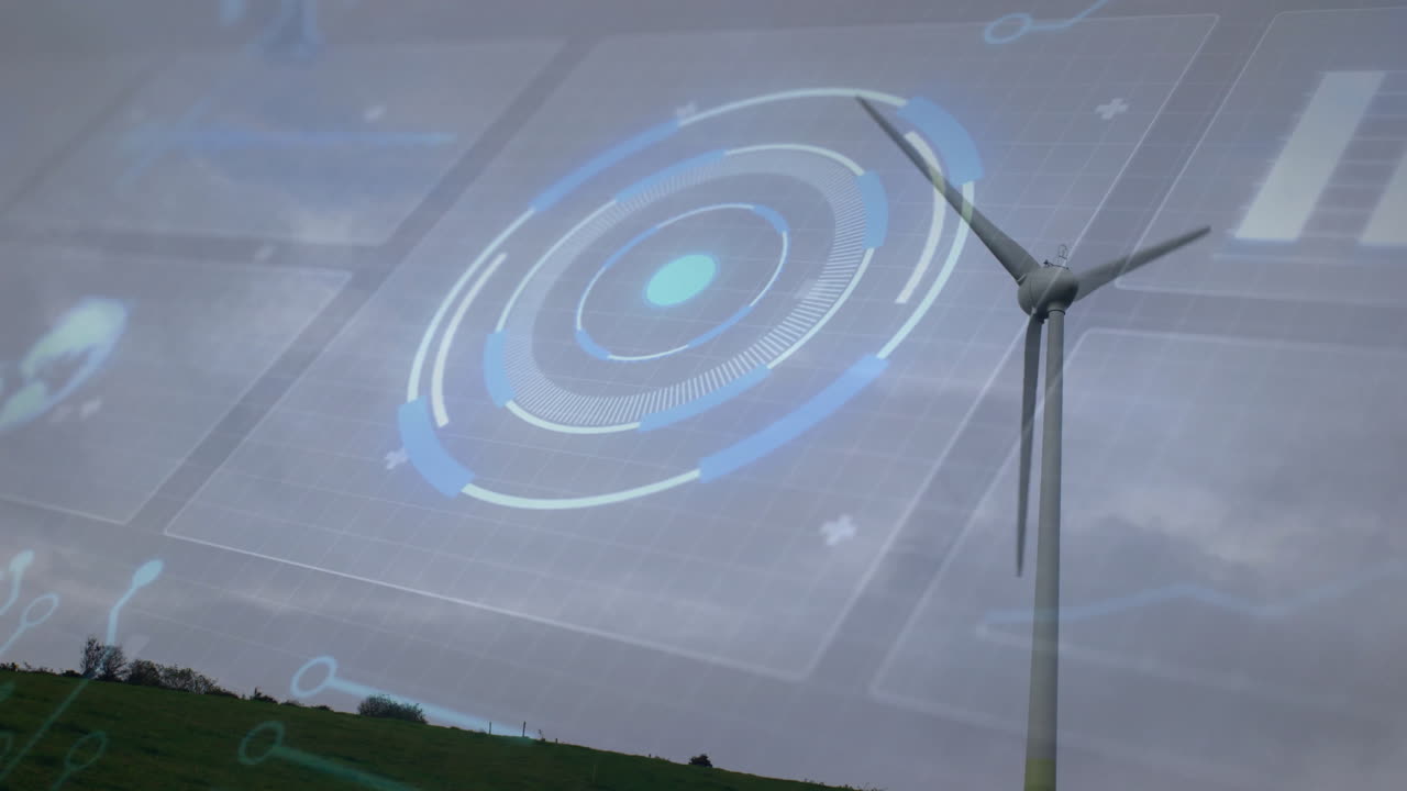 Wind turbine spinning on grassy hill showing digital HUD overlay with circular graphs and gridlines