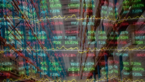 animación del mercado de valores y procesamiento de datos financieros en un almacén vacío