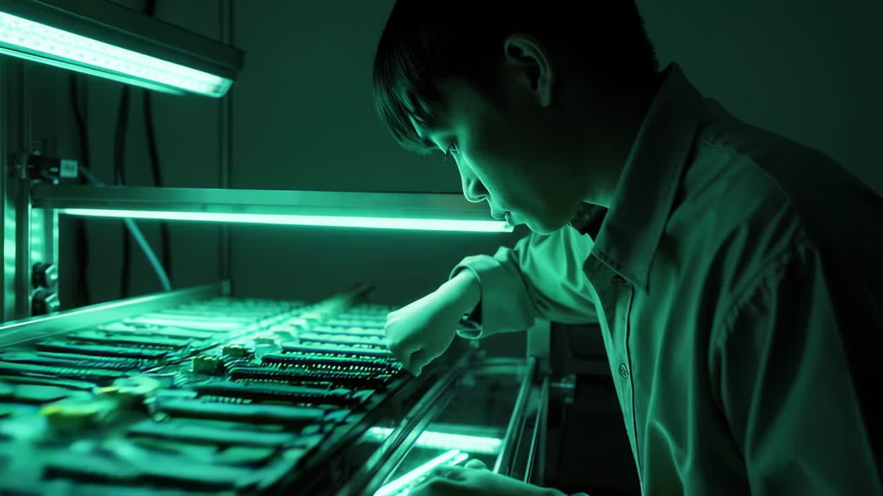 Technician Inspecting Circuit Boards Under UV Light