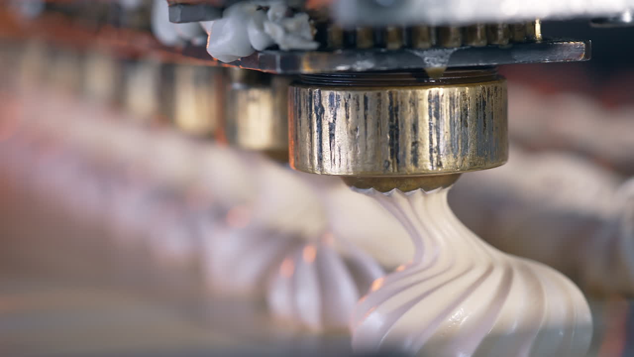 Round metal nozzles of automated machine deposit marshmallows on conveyor belt. Close up. Blurred backdrop.